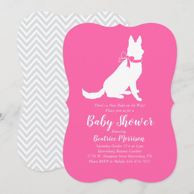 Tysk Shepherd Hund Baby Shower Fransk Rosa Girl Inbjudningar (Fram/baksida)