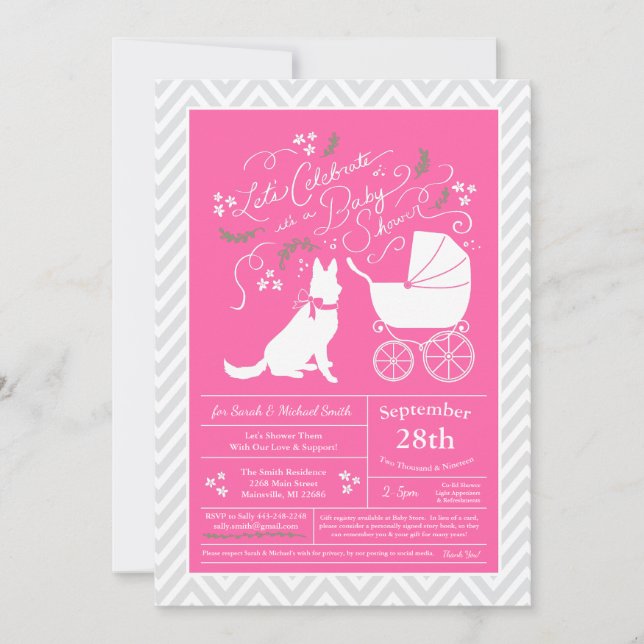 Tysk Shepherd Hund Baby Shower Fransk Rosa Girl Inbjudningar (Framsida)