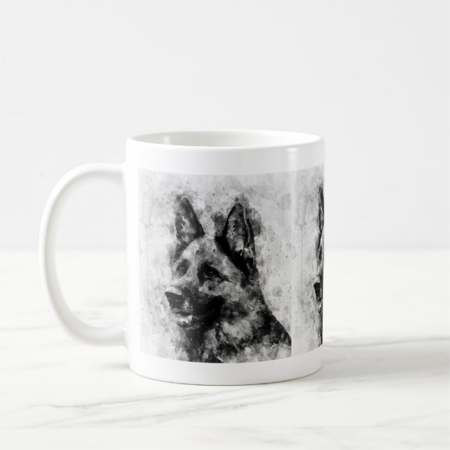 Tysk Shepherd Hund Black and White Watercolor Kaffemugg (Vänster)