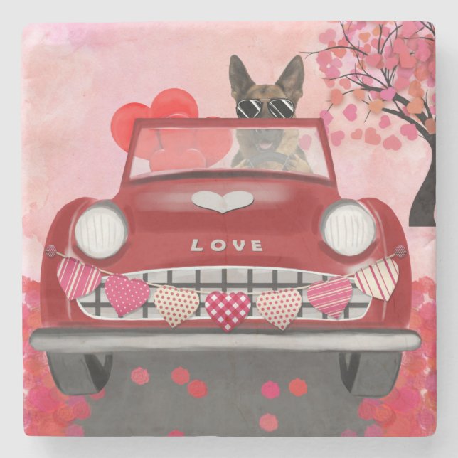 Tysk Shepherd Hund Car med Hearts Valentine Stenunderlägg (Framsidan)