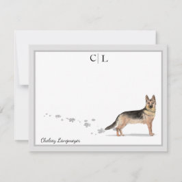 Tysk Shepherd Hund Grått Gräns Monogram & Namn Anteckningskort