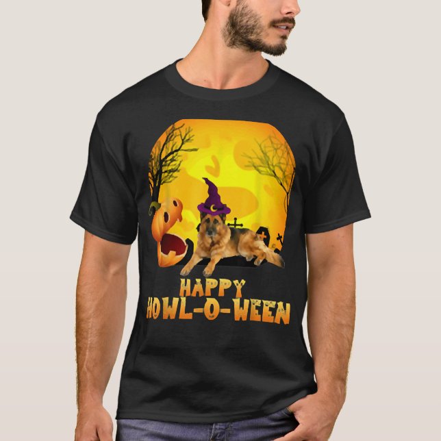 Tysk shepherd Hund Hatching from Pumpkin Hallowee T Shirt (Framsida)