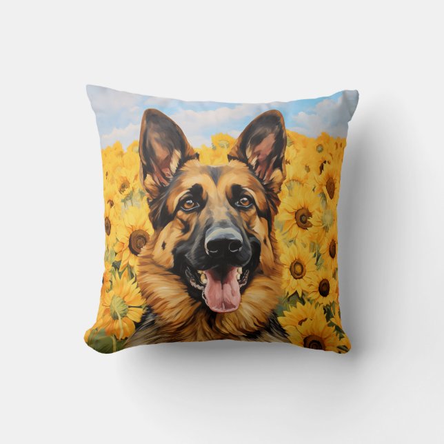 Tysk Shepherd hund i solblommor Kudde (Framsida)