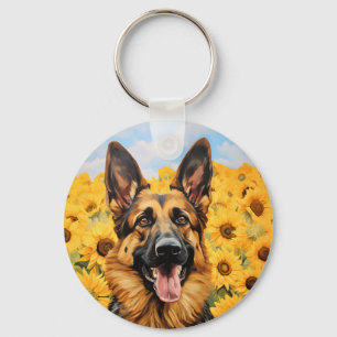 Tysk Shepherd hund i solblommor Nyckelring