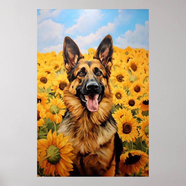 Tysk Shepherd hund i solblommor Poster (Framsidan)