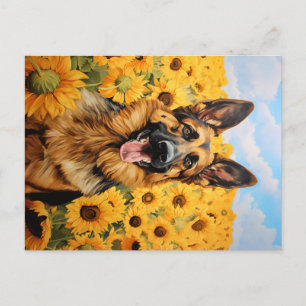 Tysk Shepherd hund i solblommor Vykort