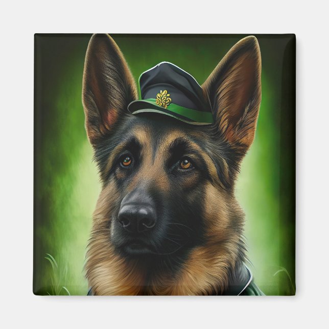 Tysk Shepherd Hund i St. Patrick Dress Magnet (Framsidan)