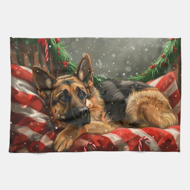 Tysk Shepherd Hund jul Festive Kökshandduk (Horisontell)