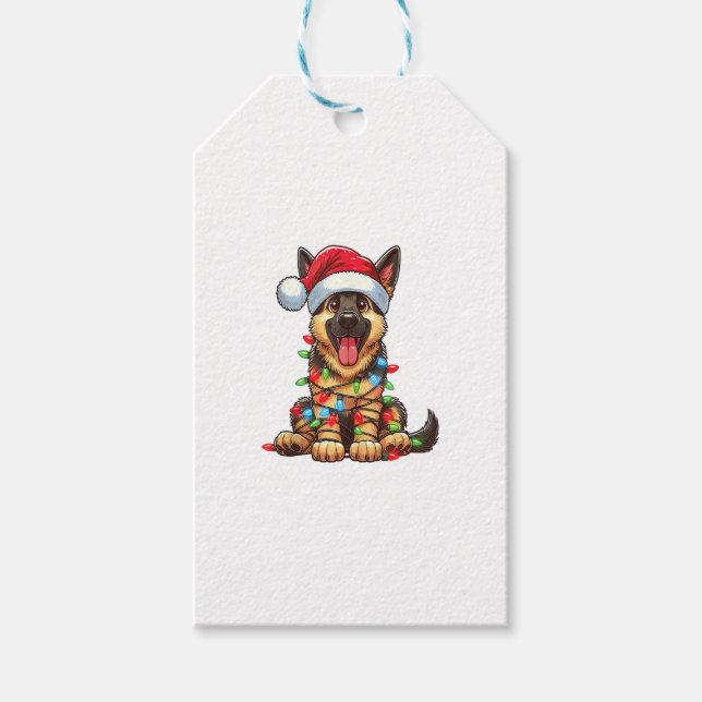 Tysk Shepherd Hund jul Ljus Santa Hat Xma Presentetikett (Framsidan)