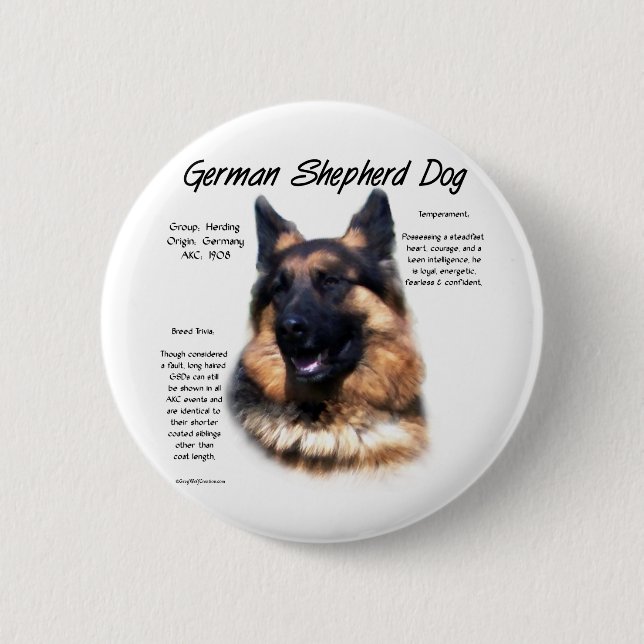 Tysk Shepherd-Hund (långhårig) historikdesign Knapp (Framsida)
