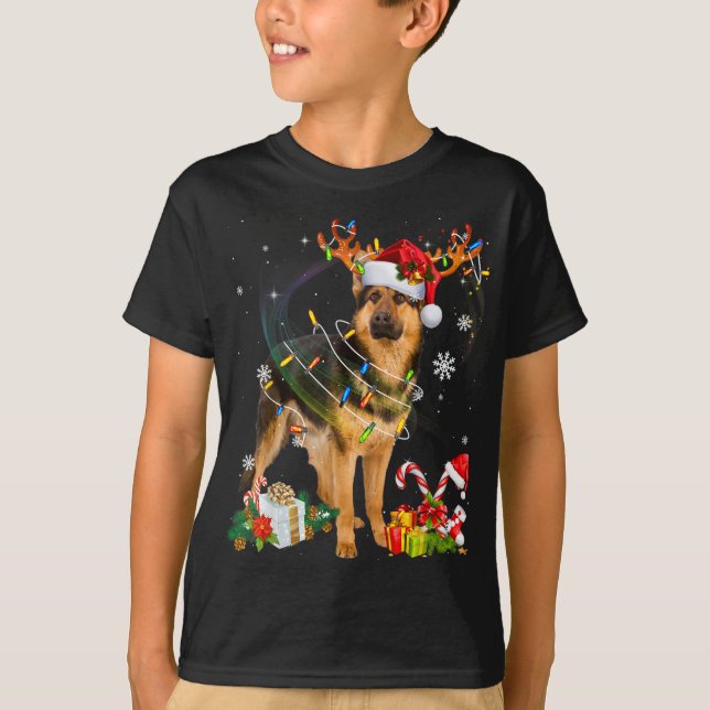 Tysk Shepherd Hund Ljus Santa Hat Julafton Träd Ch T Shirt (Framsida)