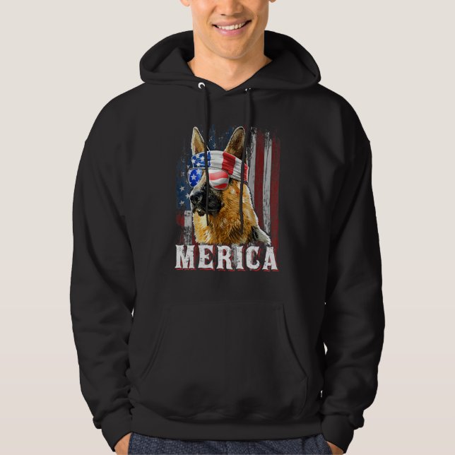 Tysk Shepherd Hund Merica 4:e juli American Fl Hoodie (Framsida)