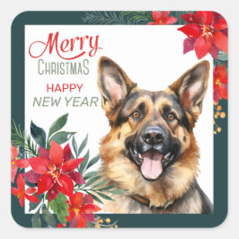 Tysk Shepherd Hund Poinsettia Gräns jul Fyrkantigt Klistermärke
