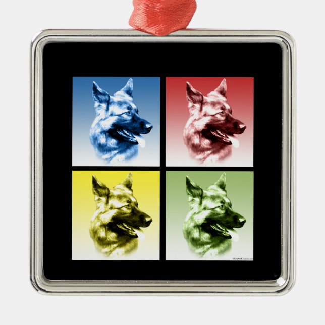 Tysk Shepherd Hund Pop Art Julgransprydnad Metall (Framsidan)