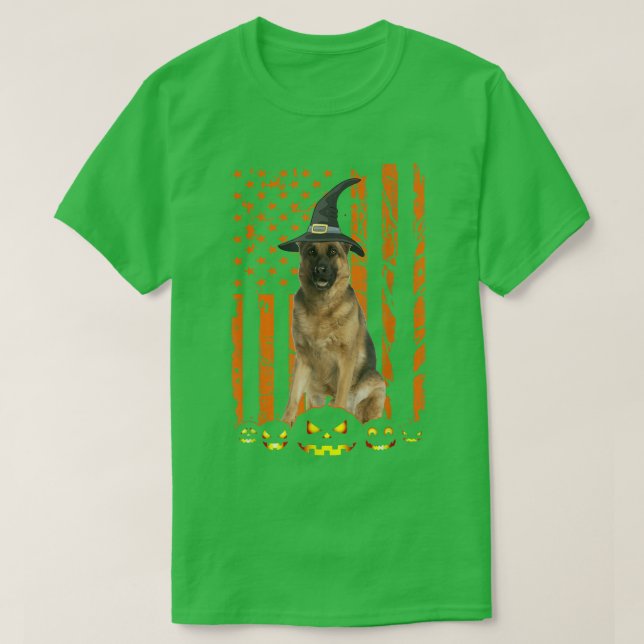 Tysk Shepherd Hund Pumpkin American Flagga Witch H T Shirt (Design framsida)