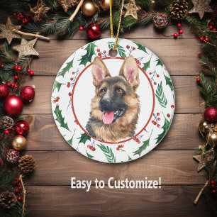 Tysk Shepherd Hund Red Berry Holly Gräns Ceramic Julgransprydnad Keramik
