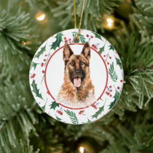 Tysk Shepherd Hund Red Berry Holly Gräns Julgransprydnad Keramik