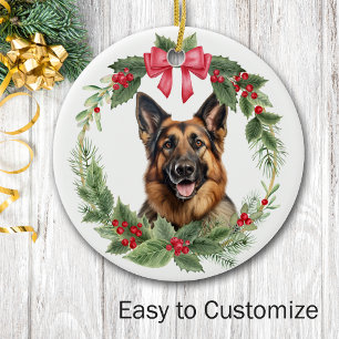 Tysk Shepherd Hund Red Bow Holly Wandeans Julgransprydnad Keramik