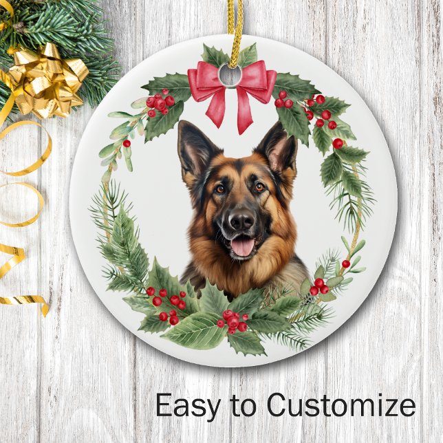 Tysk Shepherd Hund Red Bow Holly Wandeans Julgransprydnad Keramik (Skapare uppladdad)