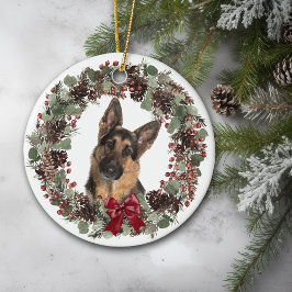 Tysk Shepherd Hund Red Bow Pinecone Wandeans Julgransprydnad Keramik