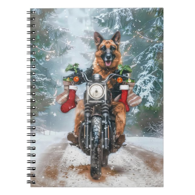 Tysk Shepherd Hund Riding Motorcykel jul Anteckningsbok (Framsidan)