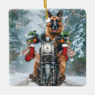 Tysk Shepherd Hund Riding Motorcykel jul Julgransprydnad Keramik