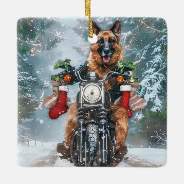 Tysk Shepherd Hund Riding Motorcykel jul Julgransprydnad Keramik (Framsida)