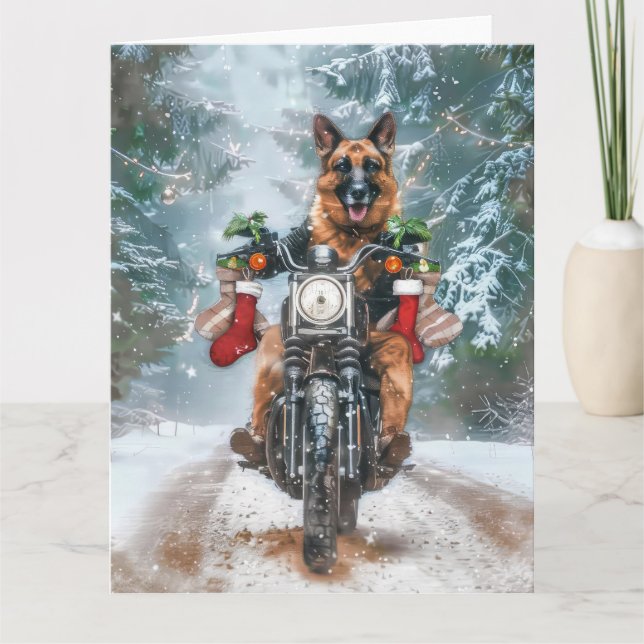 Tysk Shepherd Hund Riding Motorcykel jul Kort (Framsida)