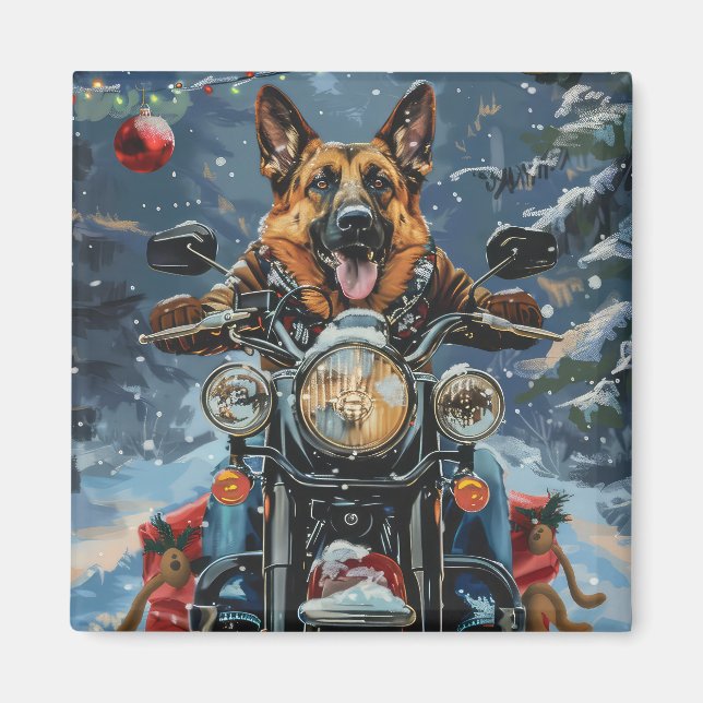 Tysk Shepherd Hund Riding Motorcykel jul Magnet (Framsidan)