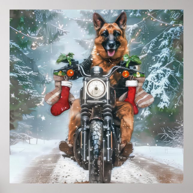 Tysk Shepherd Hund Riding Motorcykel jul Poster (Framsidan)