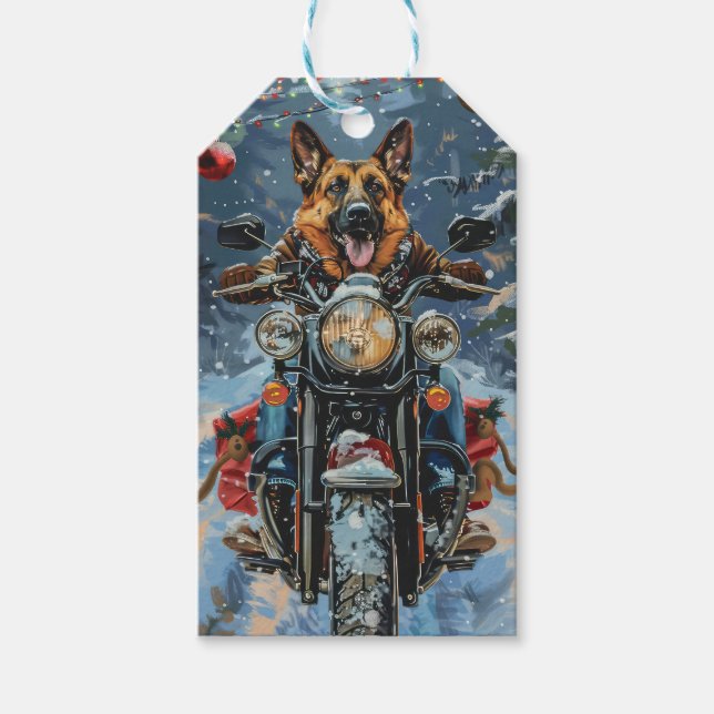Tysk Shepherd Hund Riding Motorcykel jul Presentetikett (Framsidan)