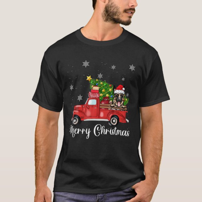 Tysk Shepherd Hund Riding Red Lastbil jul T Shirt (Framsida)