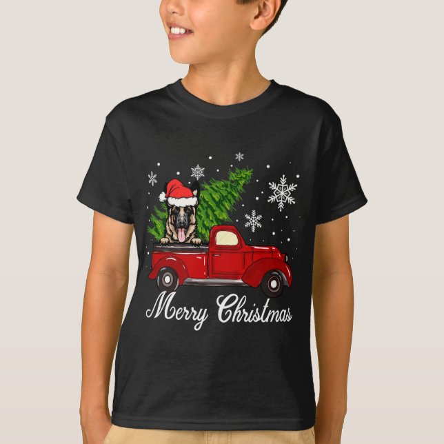 Tysk Shepherd Hund Riding Red Lastbil juldec T Shirt (Framsida)