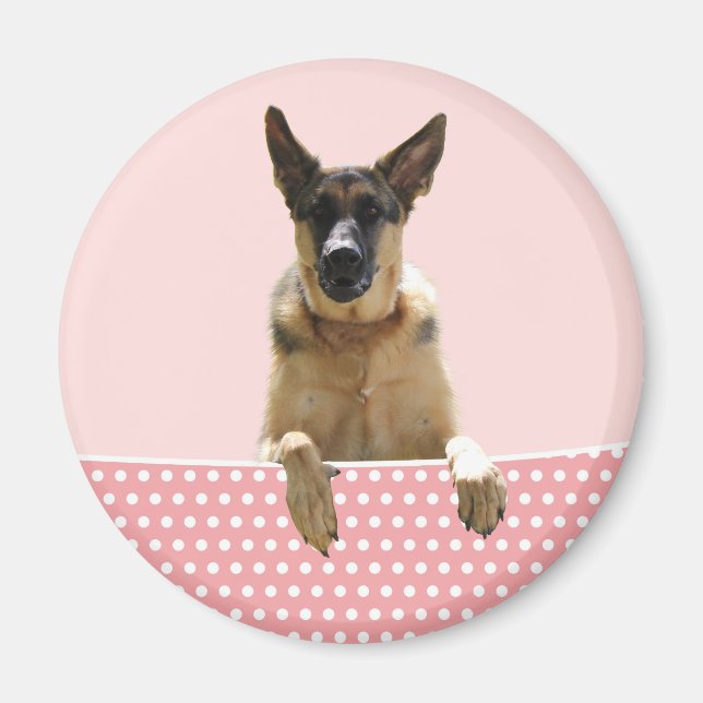 Tysk Shepherd Hund Rosa Polka dots Magnet (Framsidan)