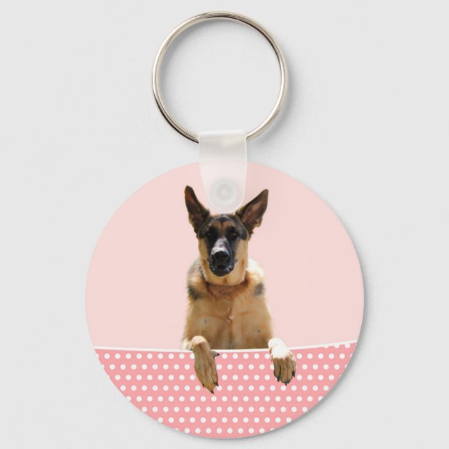 Tysk Shepherd Hund Rosa Polka dots Nyckelring (Framsida)