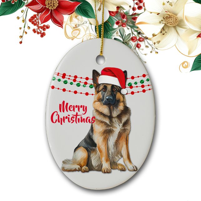 Tysk Shepherd Hund Santa Hat Helgdag Pärlor Julgransprydnad Keramik (Skapare uppladdad)