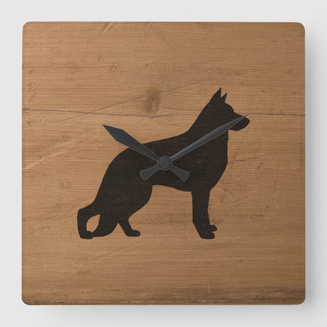 Tysk Shepherd Hund Silhouette Rustic Stil GSD K9 Fyrkantig Klocka (Framsida)