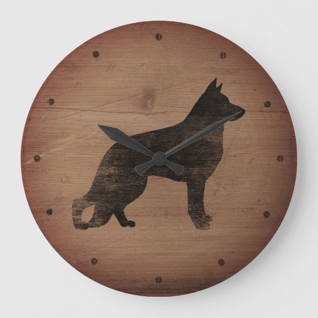 Tysk Shepherd Hund Silhouette Rustic Stil GSD Stor Klocka (Framsida)