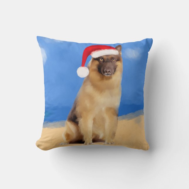 Tysk Shepherd Hund Sitta vid Beach Santa Hat Kudde (Framsida)
