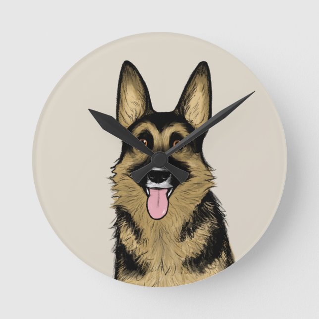 Tysk Shepherd Hund | Tecknad hund | Pet Art Rund Klocka (Framsida)