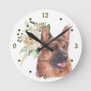 Tysk Shepherd Hund Vit ros Bouquet Round Clock Rund Klocka