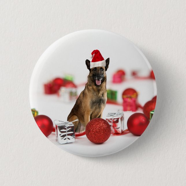 Tysk Shepherd hund w jul Gifts Santa Hat Knapp (Framsida)