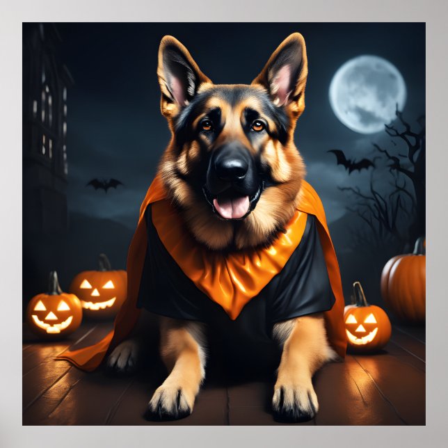 Tysk Shepherd Hund w Pumpkins on Halloween Natt Poster (Framsidan)