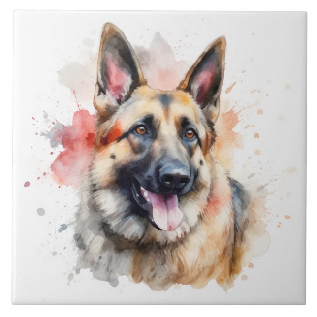 Tysk Shepherd Hund, Watercolor Art Kakelplatta (Framsidan)