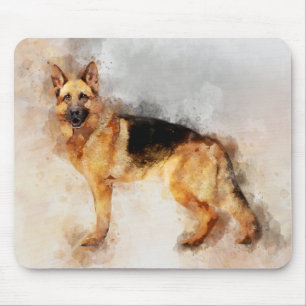 Tysk Shepherd Hund Watercolor Porträtt 02 Musmatta