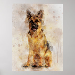 Tysk Shepherd Hund Watercolor Porträtt 03 Poster