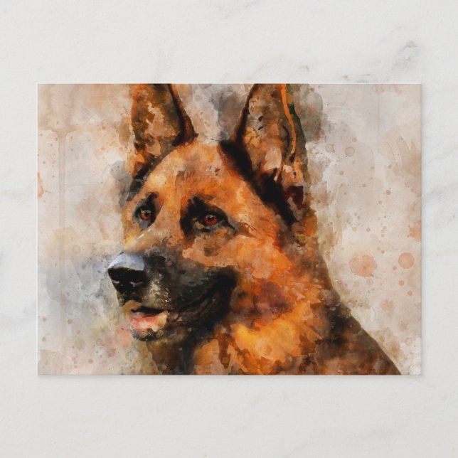 Tysk Shepherd Hund Watercolor Porträtt 04 Vykort (Framsida)