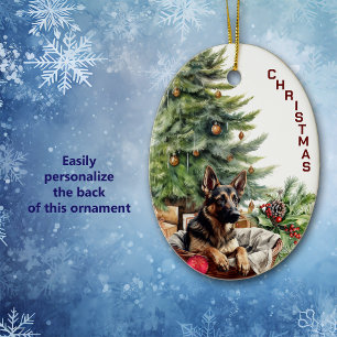 Tysk Shepherd Hund Wicker Basket jul Julgransprydnad Keramik