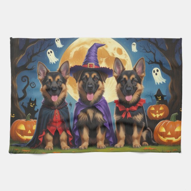 Tysk Shepherd Hundar Pumpkin Halloween Funny Kökshandduk (Horisontell)