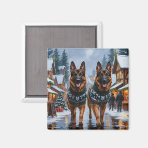 Tysk Shepherd Hunder Jul Snö Högtid Magnet